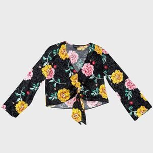 Topshop Small Cropped Long Sleeve Black Polka Dot Tie Front Blouse Vintage Chic